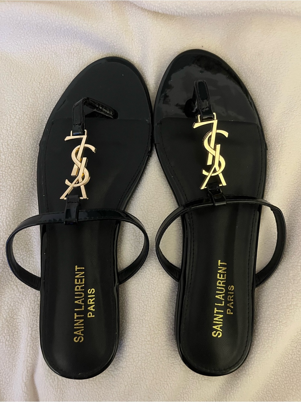 Saint Laurent Black Patent Leather Thong Sandals with Gold YSL Hardware